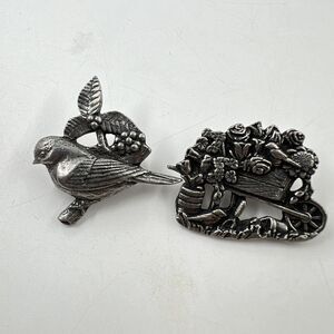 Pewter Brooch Pin Birds & Blooms Flower Wheelbarrow & Small Bird 2001 2002